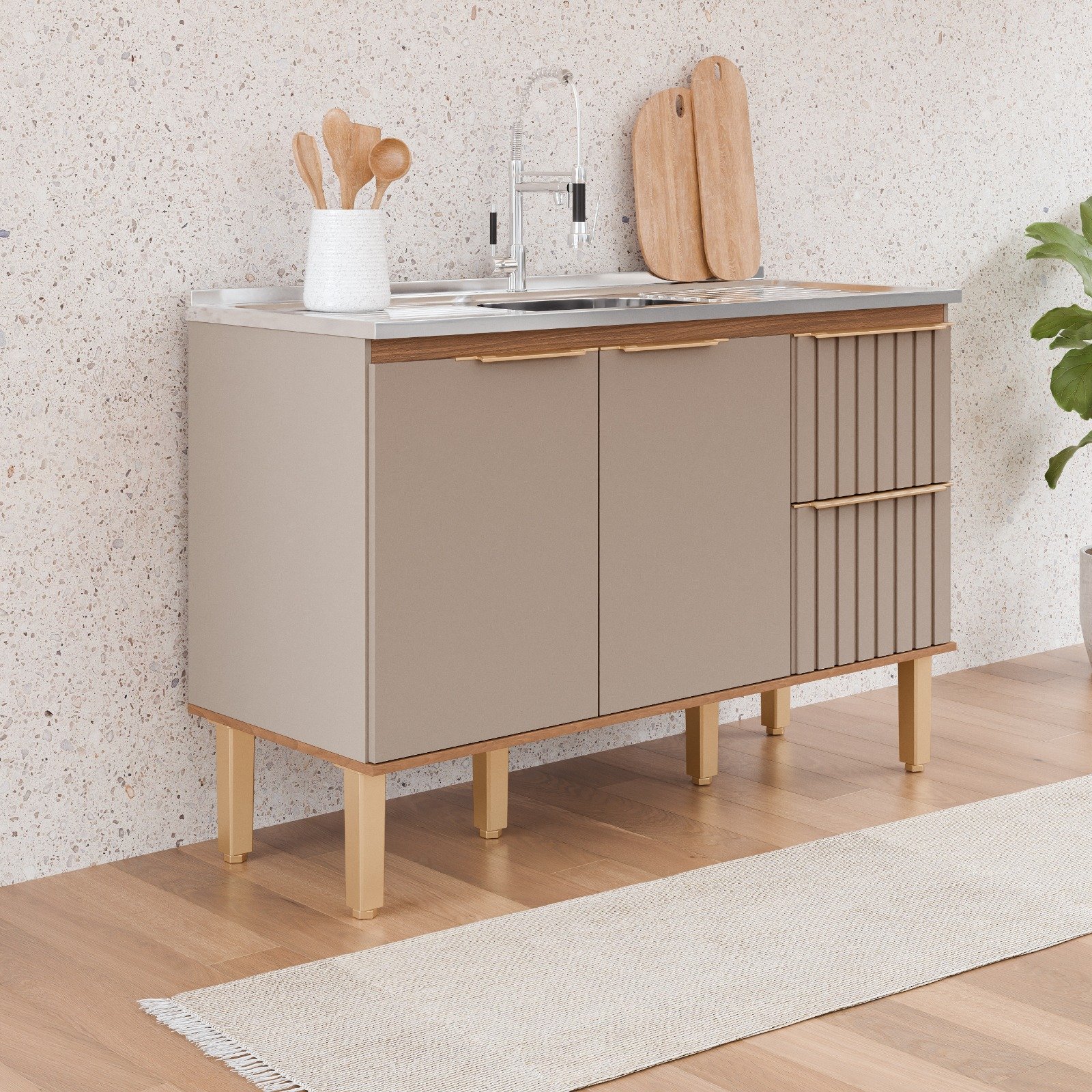 Balcão Armário Cozinha Gabinete Pia 140cm 100% Mdf Cor Freijó/off White
