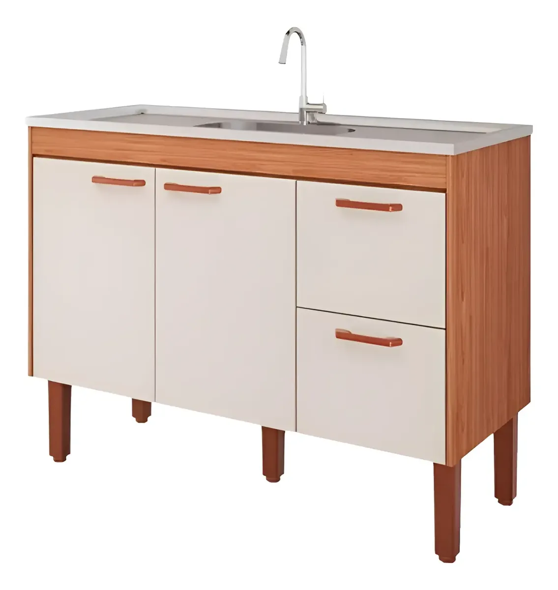 Balcão Armário Cozinha Gabinete Pia 144cm 100% Mdf Cor Freijó/off White