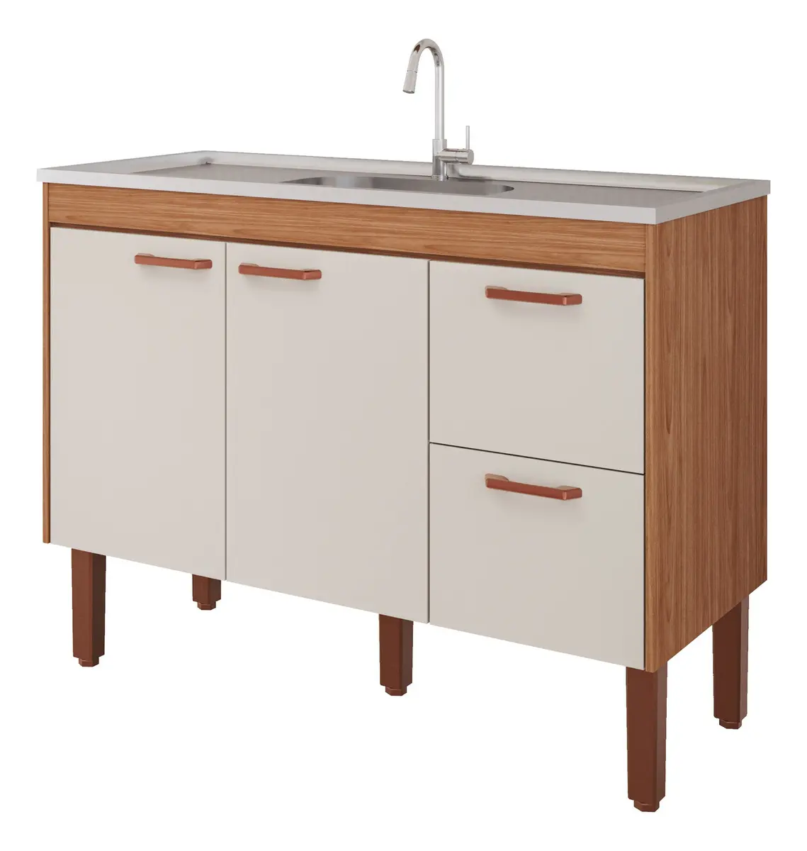 Balcão Armário Cozinha Gabinete Pia 114cm 100% Mdf Cor Freijó/off White